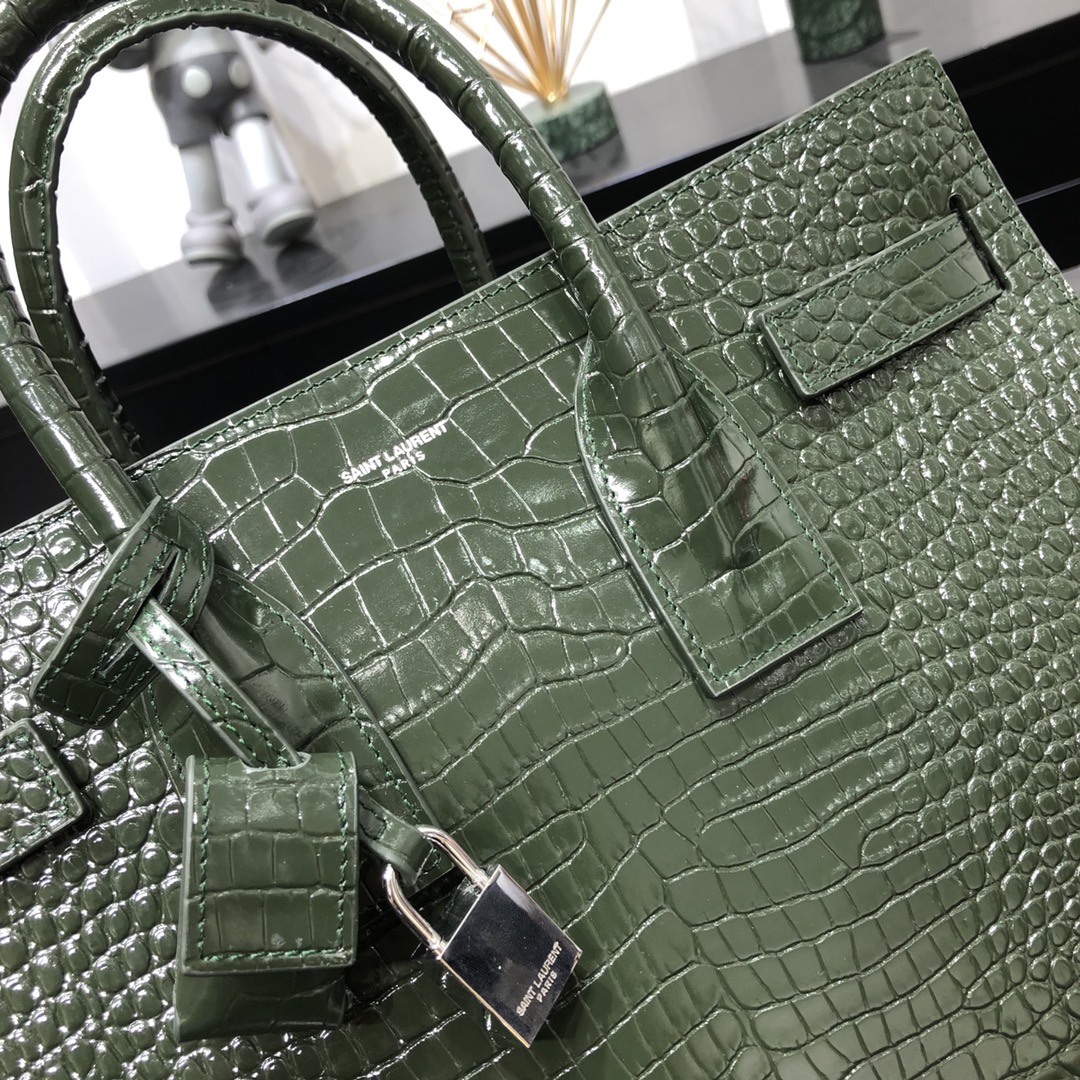 Saint Laurent Sac De Jour Crocodile Embossed Calfskin Handbag Shoulder Bag Army Green 378299 Silver